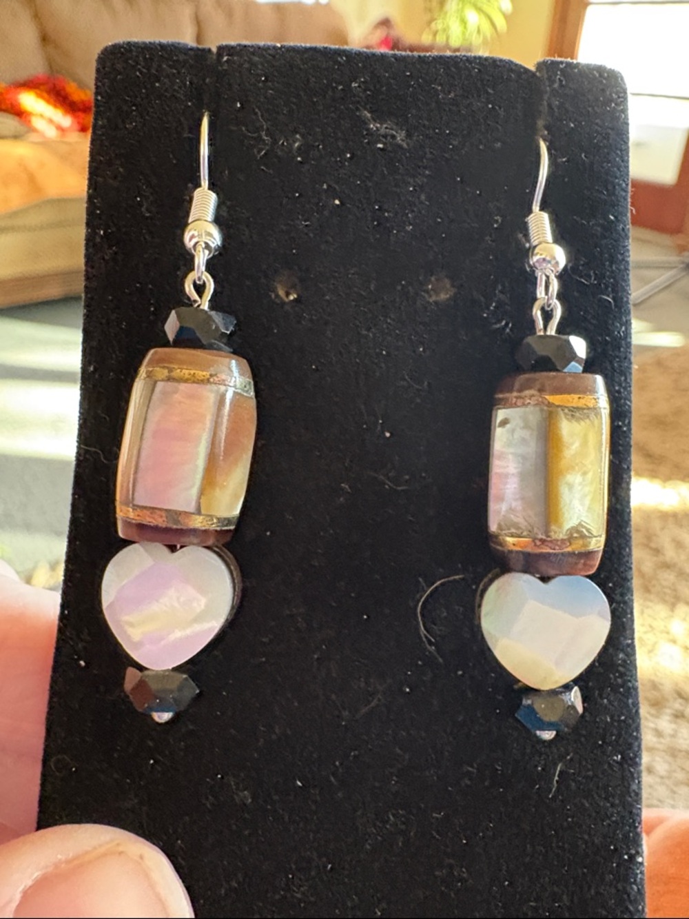Hand Crafted Iridescent Cream Nacre Heart Drop Earrings